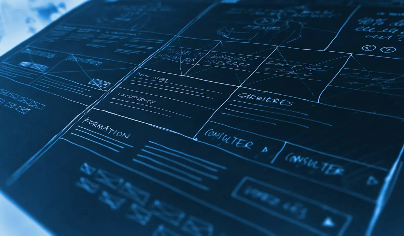 A detailed system diagram drawn in blue.