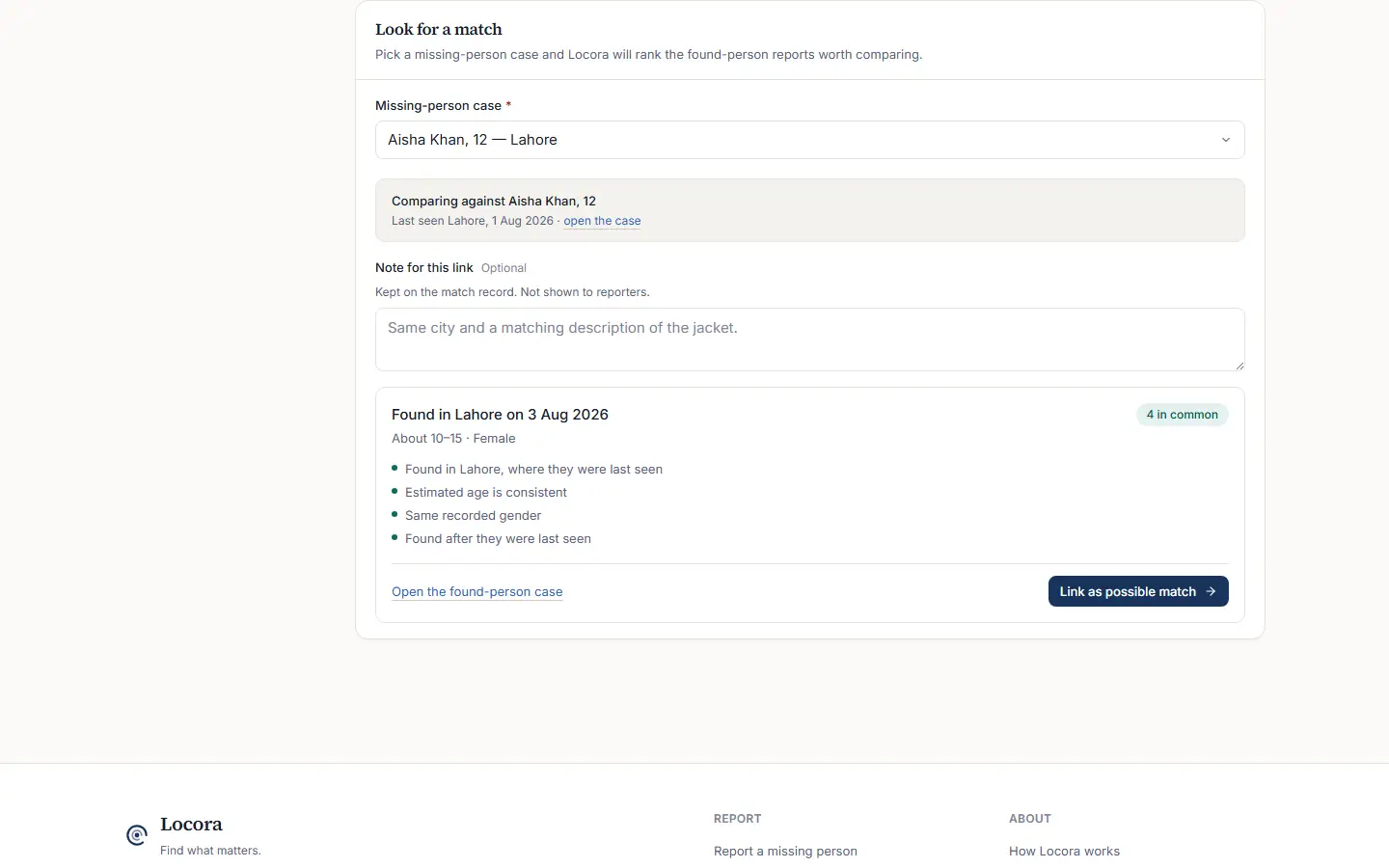 Locora match builder ranking one found-person report against a missing-person case, with the reasons listed in words and a button to link them as a possible match.