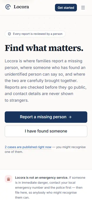 The Locora landing page on a phone.