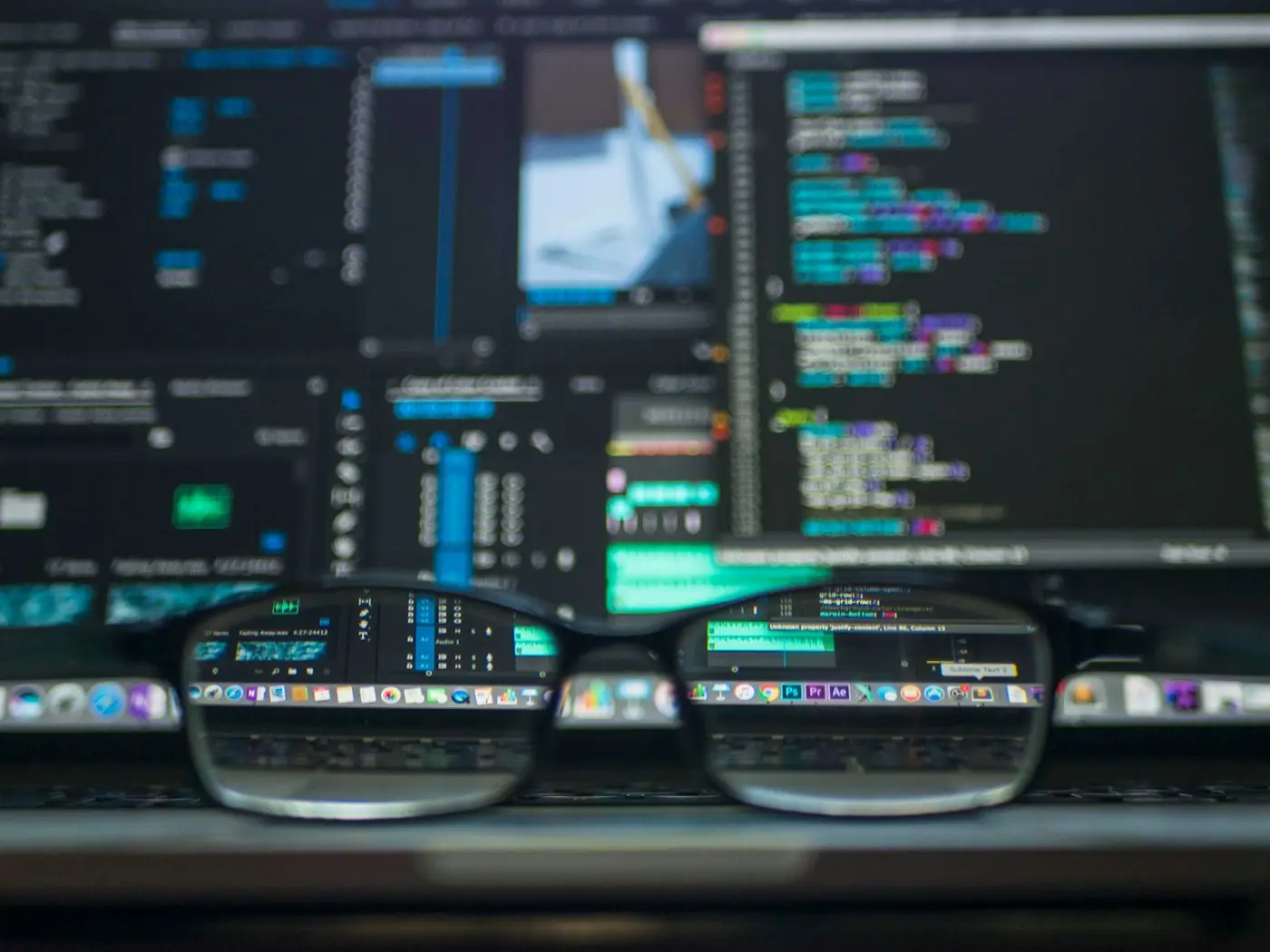 Monitors full of code and data, glasses resting in front of them.